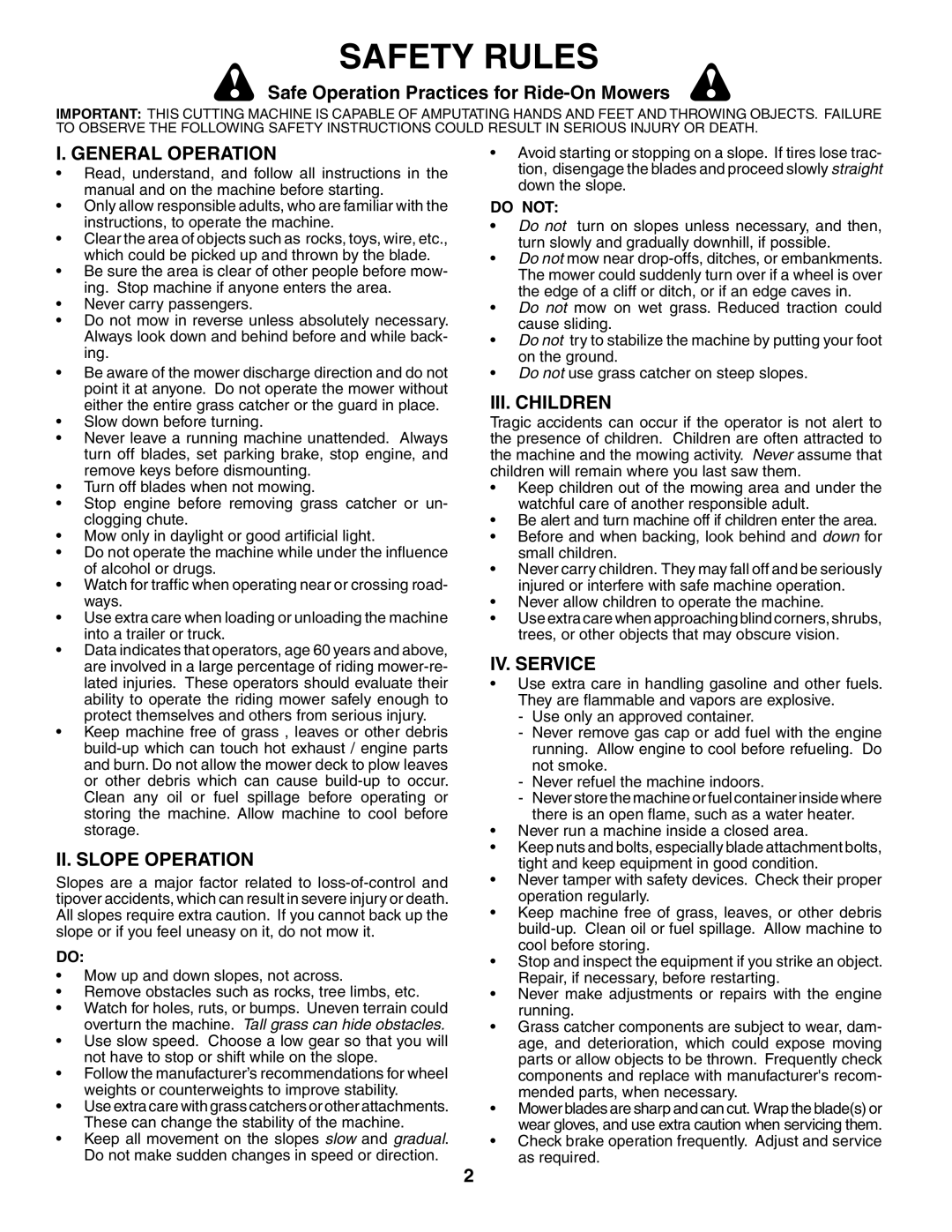 Husqvarna YTH2148 Safety Rules, Safe Operation Practices for Ride-OnMowers, I. General Operation, Ii. Slope Operation 