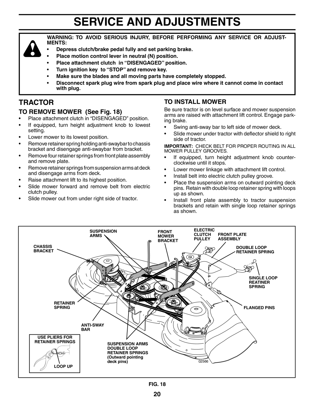 Husqvarna YTH2148 owner manual Service And Adjustments, TO REMOVE MOWER See Fig, To Install Mower, Tractor 