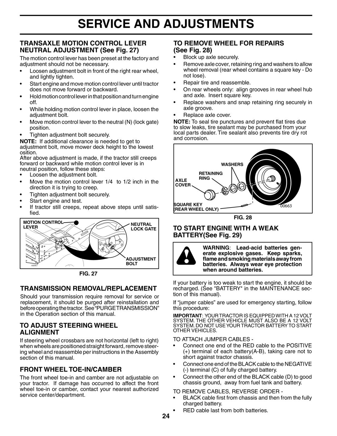 Husqvarna YTH2148 TO REMOVE WHEEL FOR REPAIRS See Fig, Transmission Removal/Replacement, Front Wheel Toe-In/Camber 