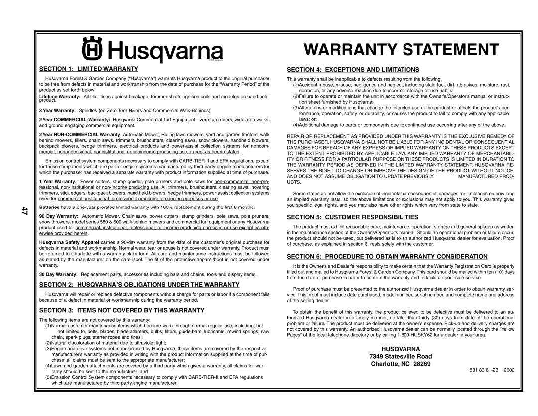 Husqvarna YTH2148 Warranty Statement, Limited Warranty, Items Not Covered By This Warranty, Exceptions And Limitations 
