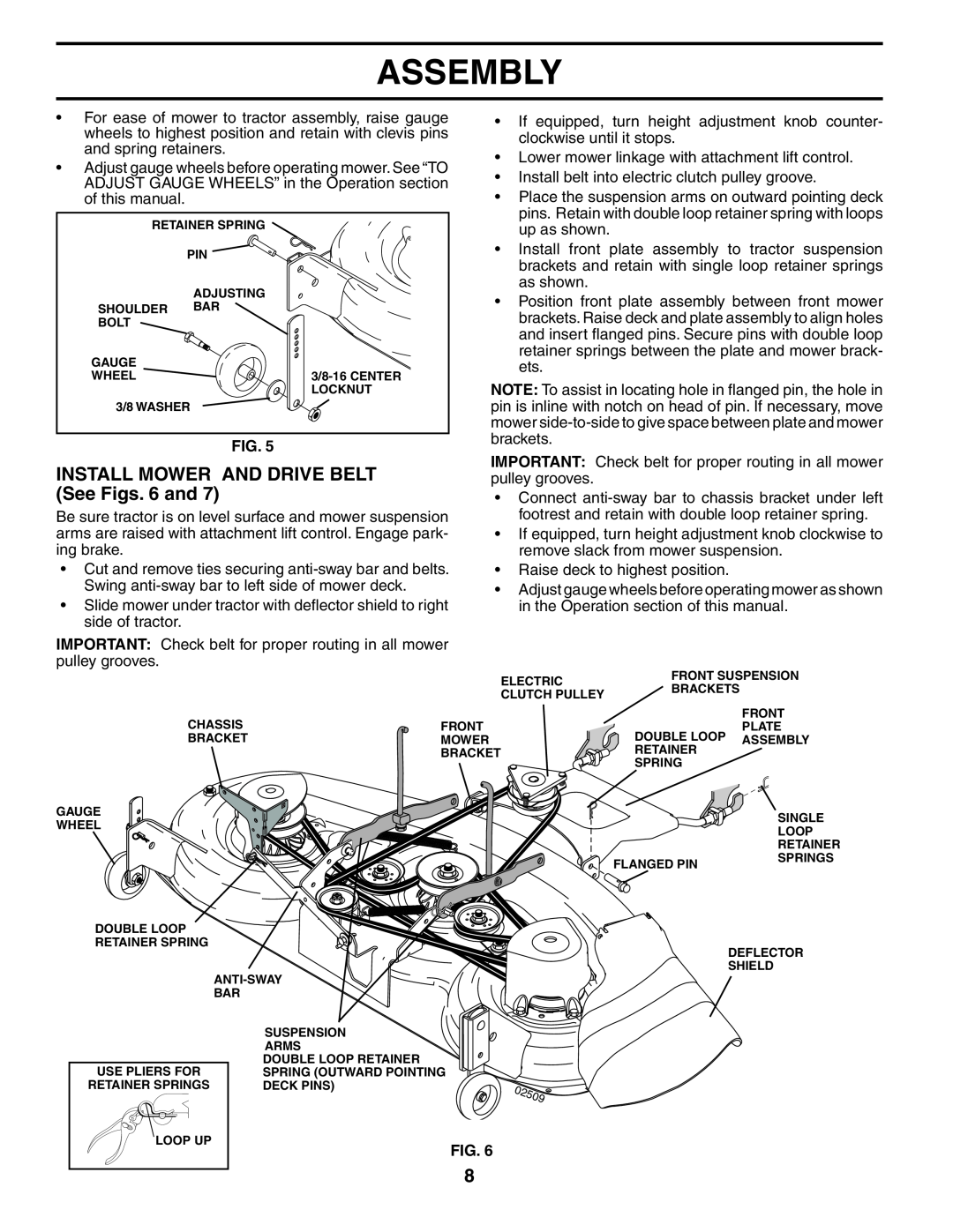 Husqvarna YTH2148 owner manual INSTALL MOWER AND DRIVE BELT See Figs. 6 and, Assembly 