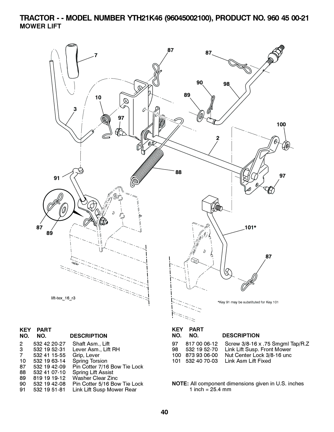 Husqvarna YTH21K46, 96045002100 owner manual Mower Lift, 8787 100 101 