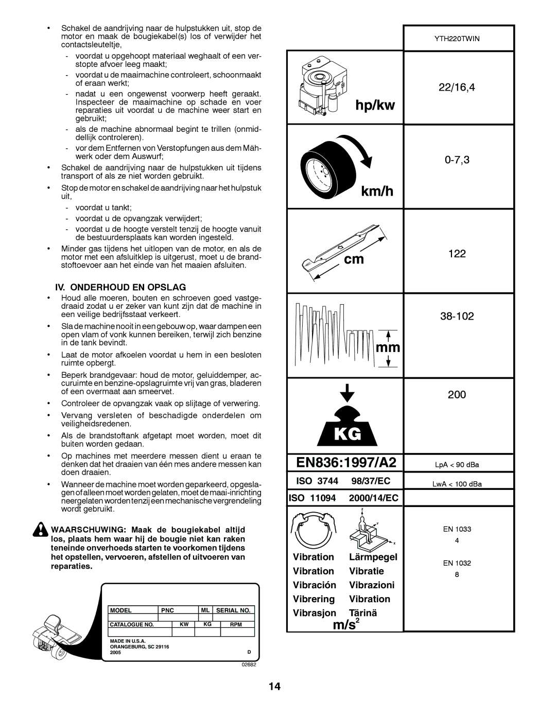 Husqvarna YTH220 TWIN instruction manual IV. Onderhoud EN Opslag, 2000/14/EC, Lärmpegel 