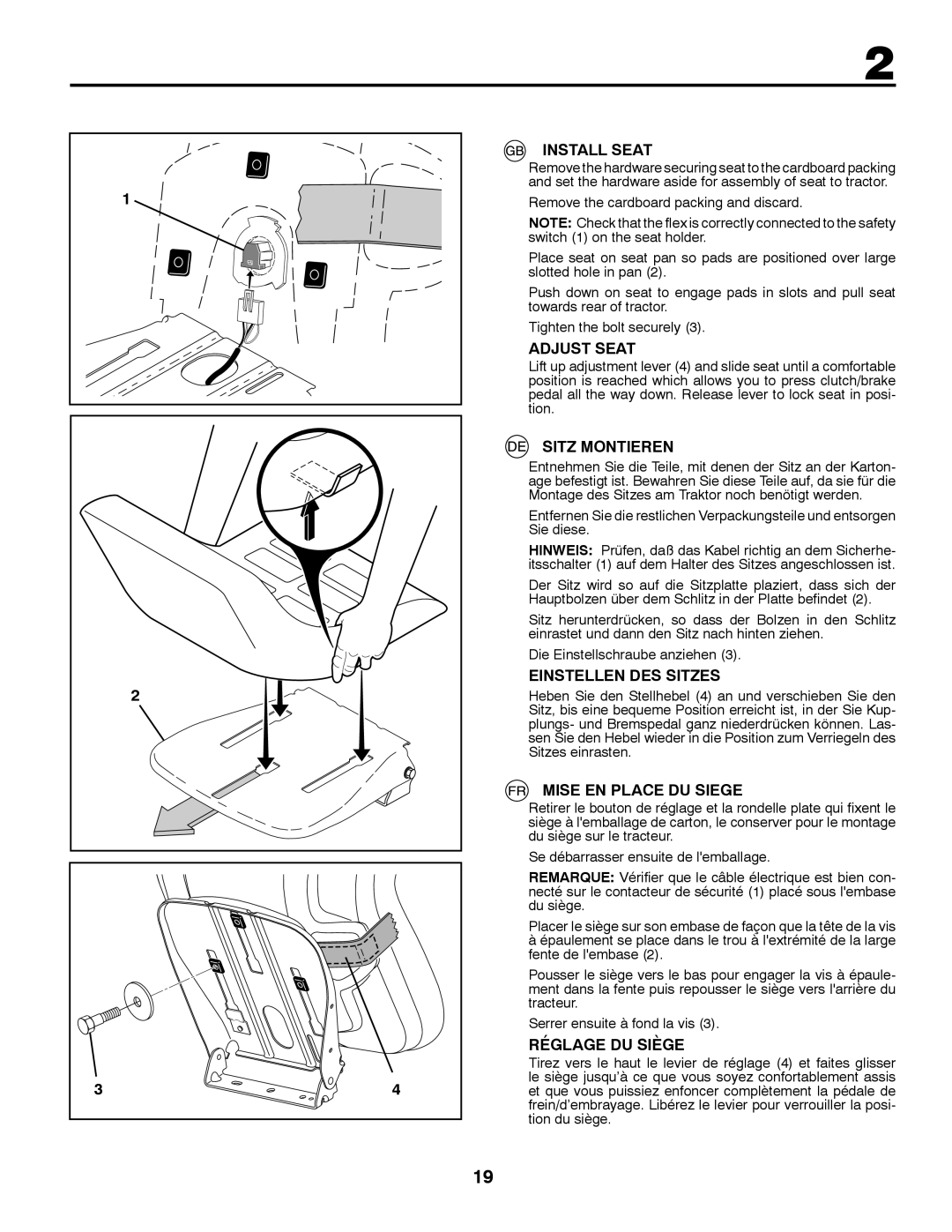 Husqvarna YTH220 TWIN Install Seat, Adjust Seat, Sitz Montieren, Einstellen DES Sitzes, Mise EN Place DU Siege 