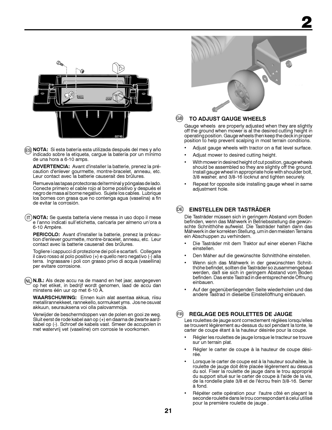 Husqvarna YTH220 TWIN instruction manual To Adjust Gauge Wheels, Einstellen DER Tasträder, Reglage DES Roulettes DE Jauge 