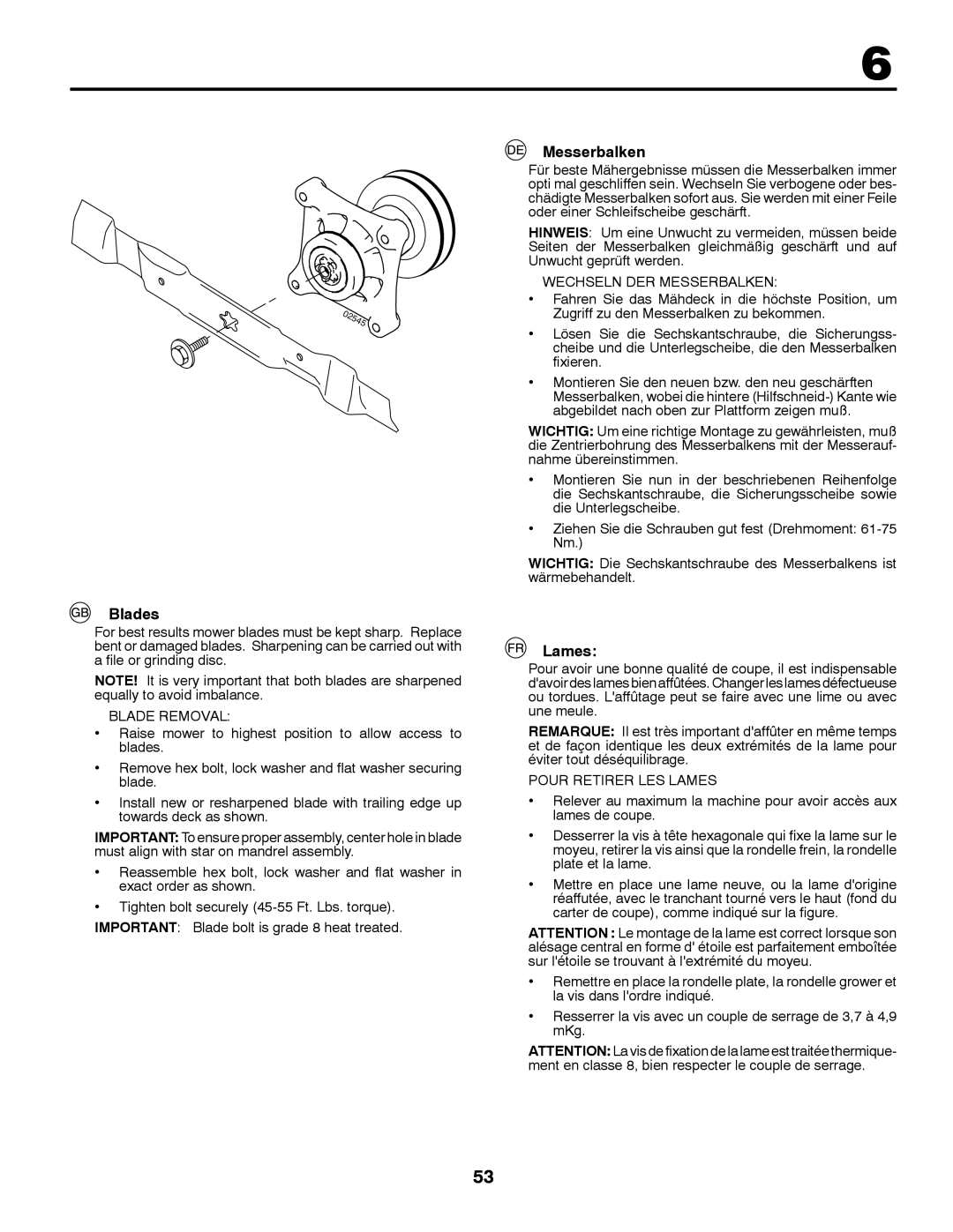 Husqvarna YTH220 TWIN instruction manual Blades, Messerbalken, Lames 