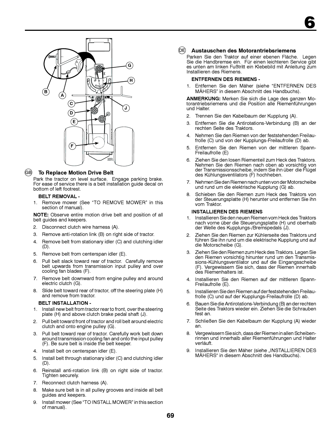 Husqvarna YTH220 TWIN instruction manual To Replace Motion Drive Belt, Austauschen des Motorantriebsriemens 