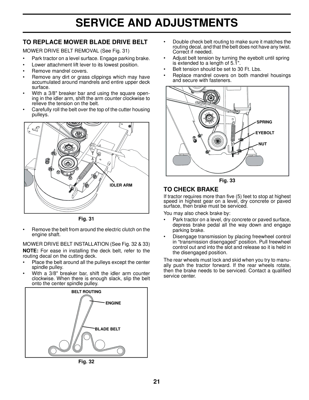 Husqvarna YTH2242 TF owner manual To Replace Mower Blade Drive Belt, To Check Brake 