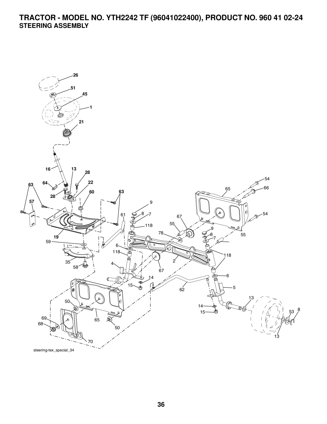 Husqvarna YTH2242 TF owner manual Steering Assembly 