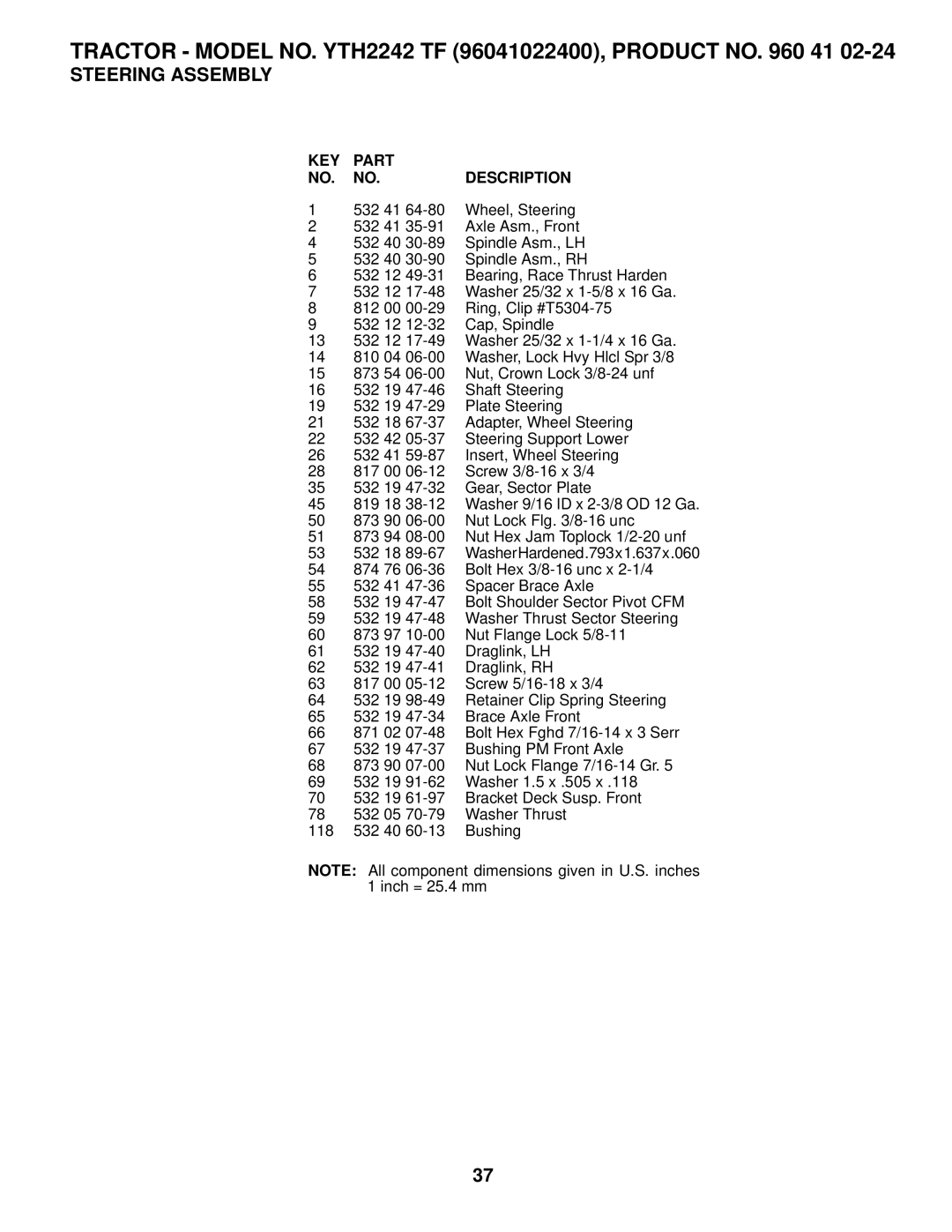 Husqvarna YTH2242 TF owner manual 532 41 Wheel, Steering 