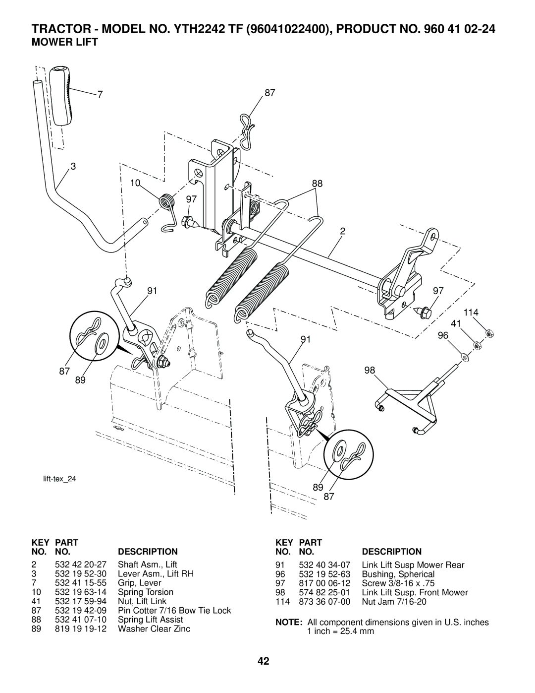 Husqvarna YTH2242 TF owner manual Mower Lift, 532 40 34-07 Link Lift Susp Mower Rear 