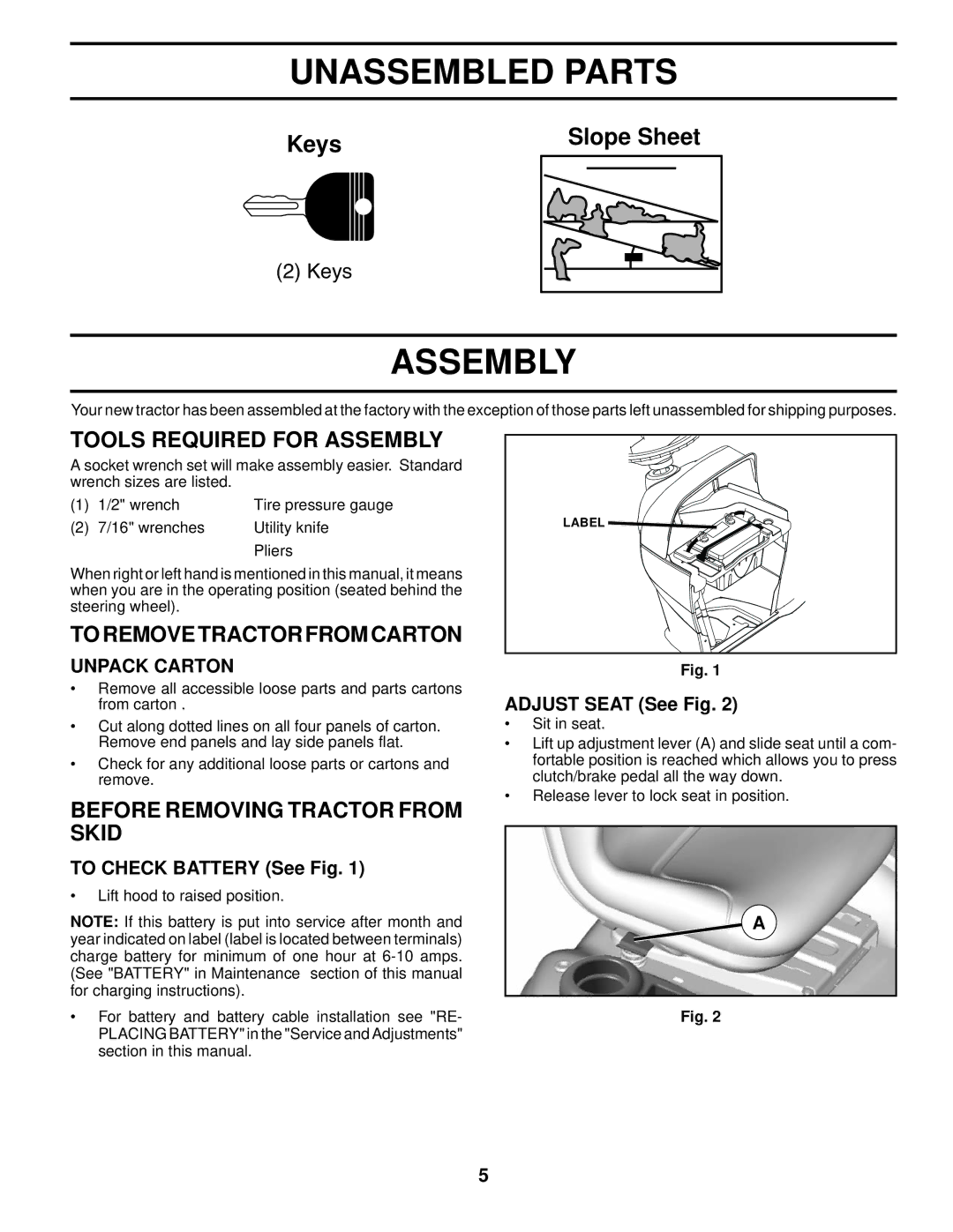 Husqvarna YTH2242 TF owner manual Unassembled Parts, Tools Required for Assembly, Toremovetractorfromcarton 