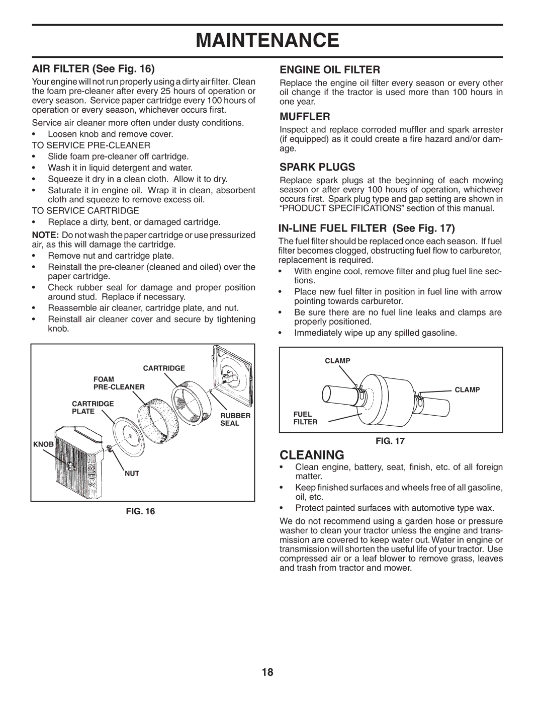 Husqvarna YTH2242 owner manual Cleaning, Engine OIL Filter, Muffler, Spark Plugs 