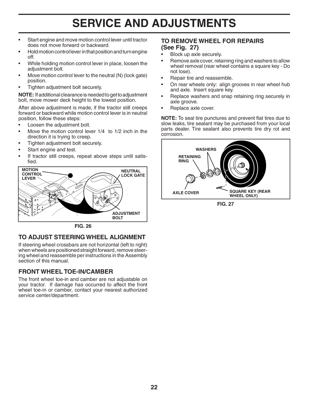 Husqvarna YTH2242 To Adjust Steering Wheel Alignment, Front Wheel TOE-IN/CAMBER, To Remove Wheel for Repairs See Fig 