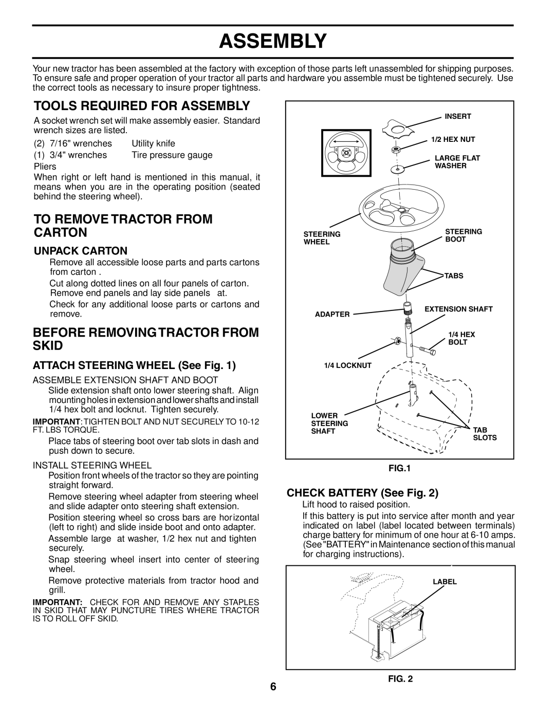 Husqvarna YTH2242 Tools Required for Assembly, To Remove Tractor from Carton, Before Removing Tractor from Skid 