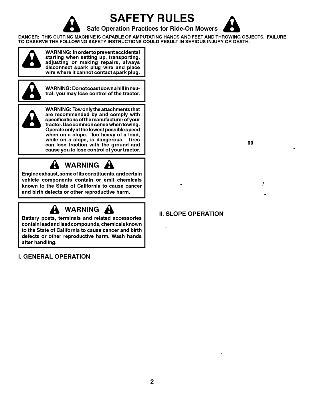 Husqvarna YTH2242 owner manual Safe Operation Practices for Ride-On Mowers, General Operation, II. Slope Operation 