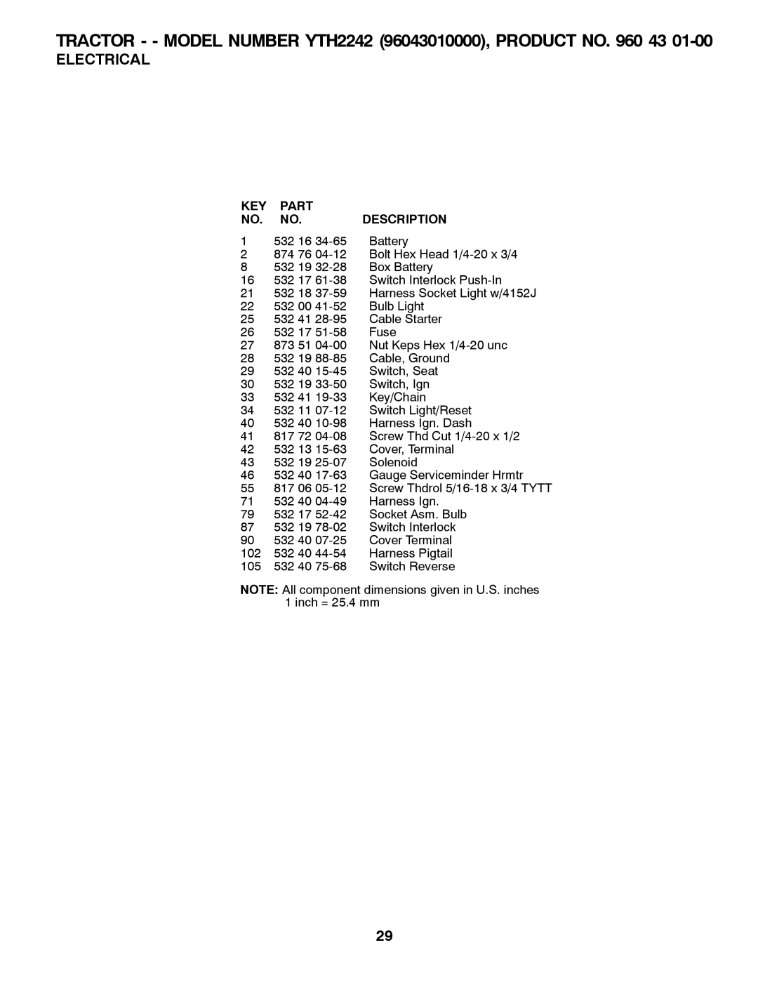 Husqvarna YTH2242 owner manual KEY Part Description 