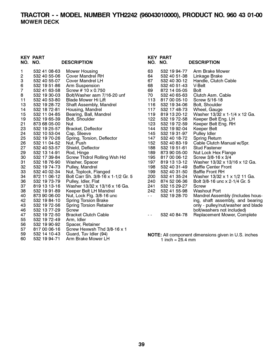 Husqvarna YTH2242 owner manual KEY Part NO. no Description 