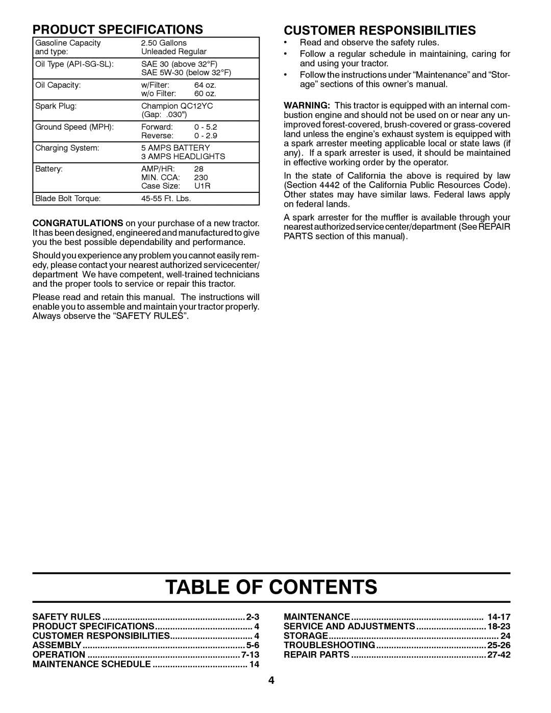 Husqvarna YTH2242 owner manual Table of Contents 