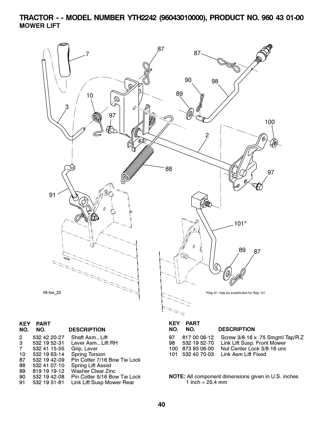 Husqvarna YTH2242 owner manual Mower Lift, 100 101 