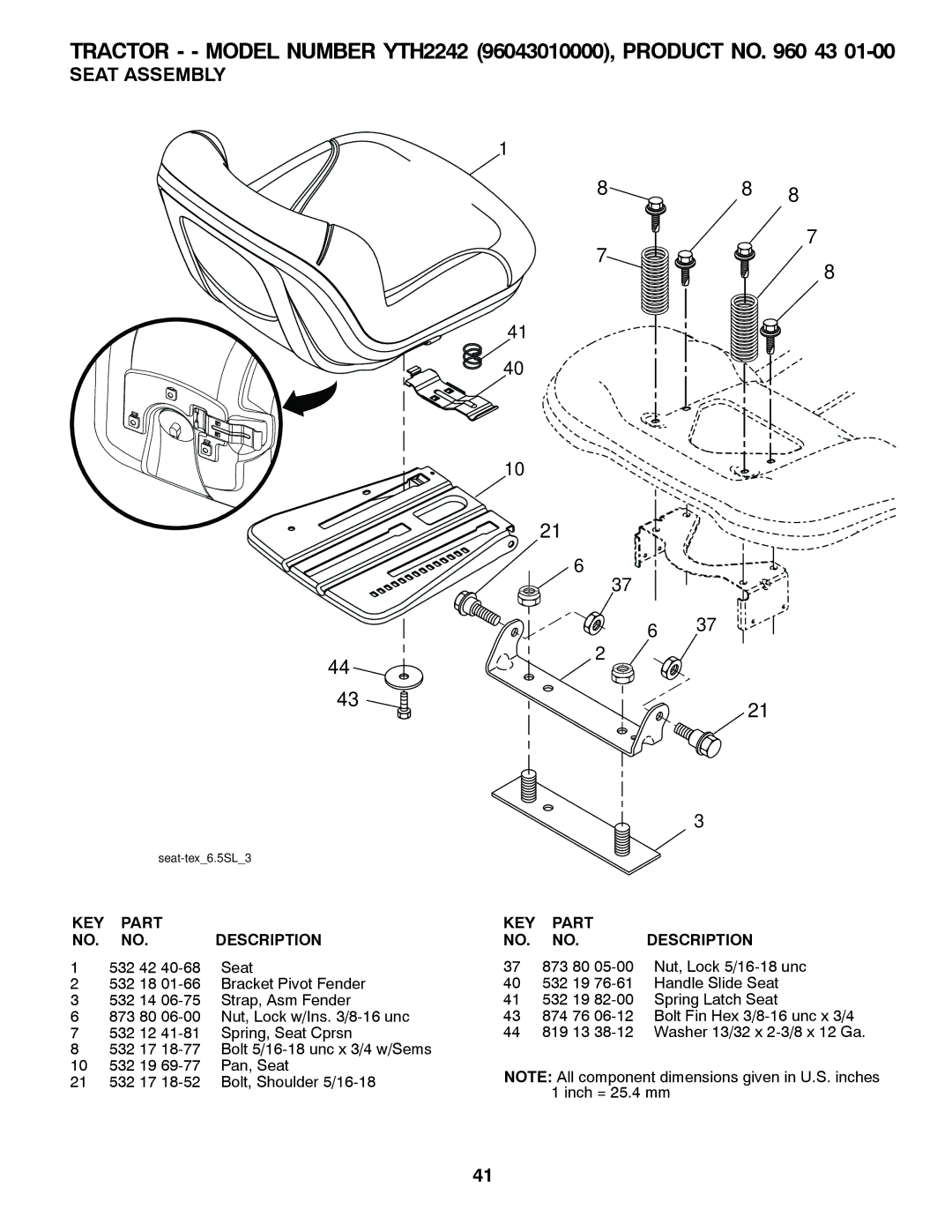 Husqvarna YTH2242 owner manual Seat Assembly, 532 42 Seat 