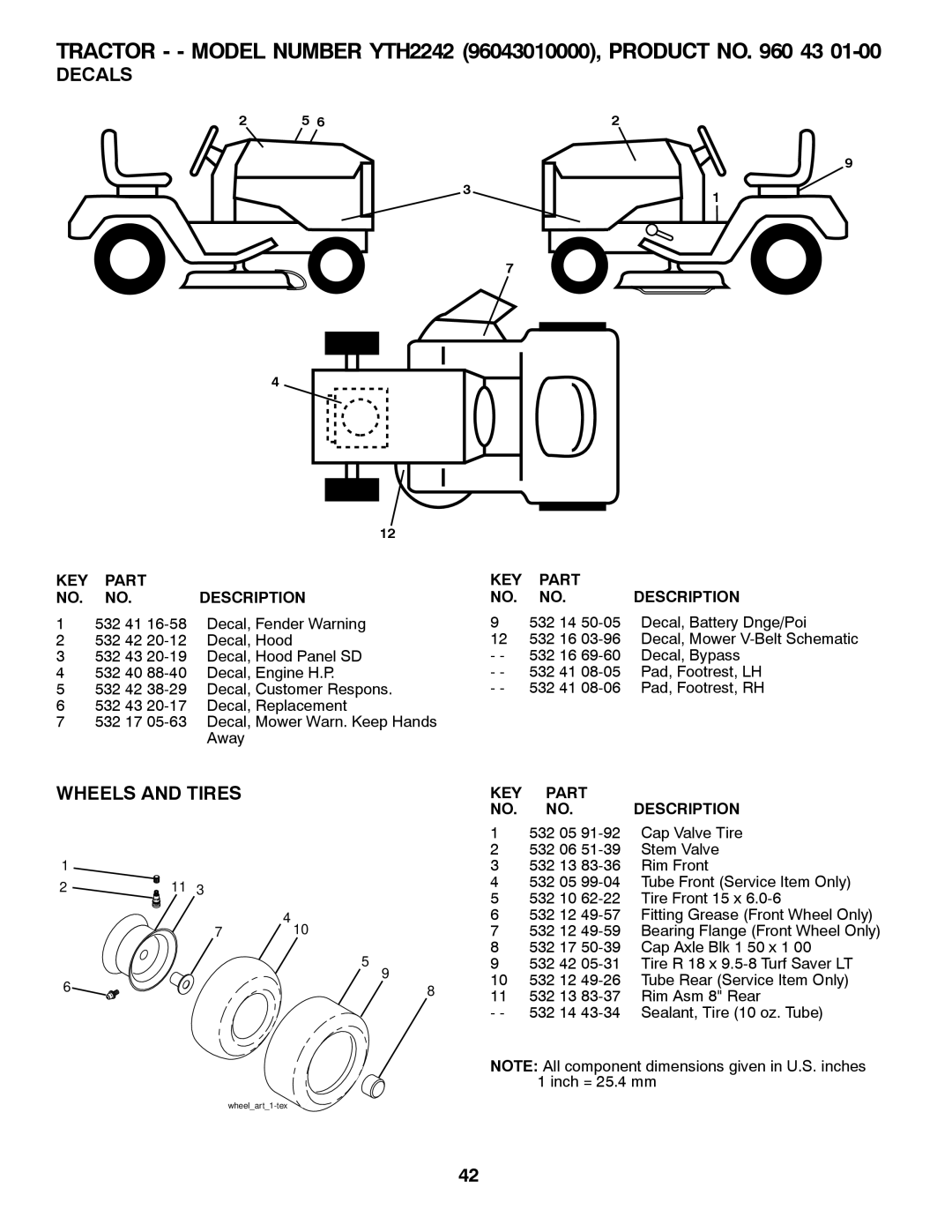 Husqvarna YTH2242 owner manual Decals, Wheels and Tires 