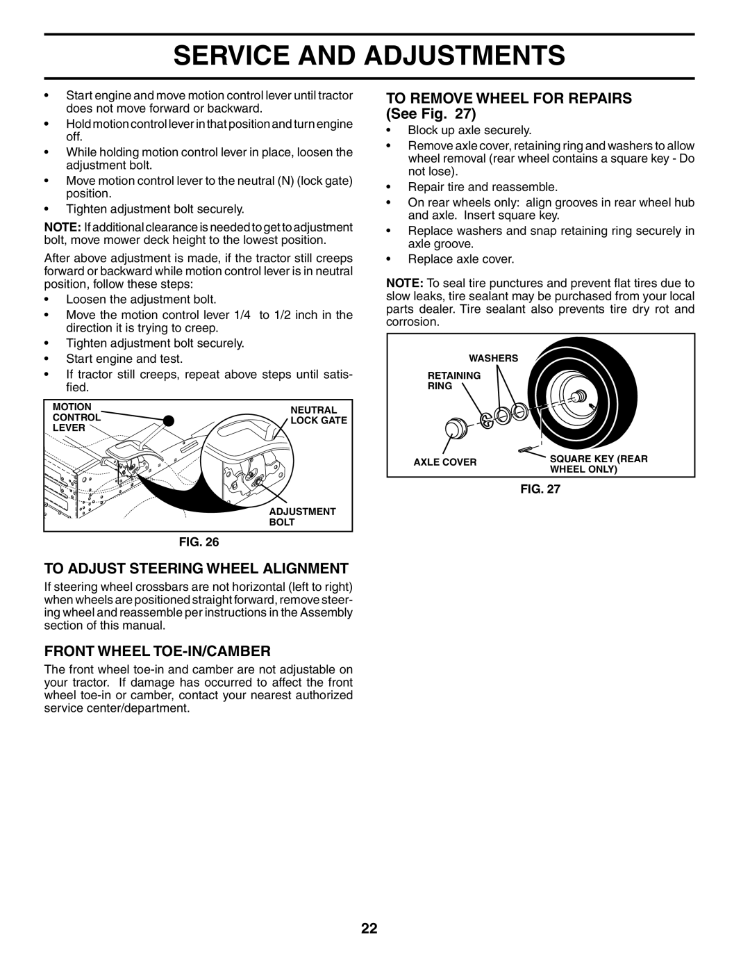 Husqvarna YTH2242 To Adjust Steering Wheel Alignment, Front Wheel Toe-In/Camber, TO REMOVE WHEEL FOR REPAIRS See Fig 