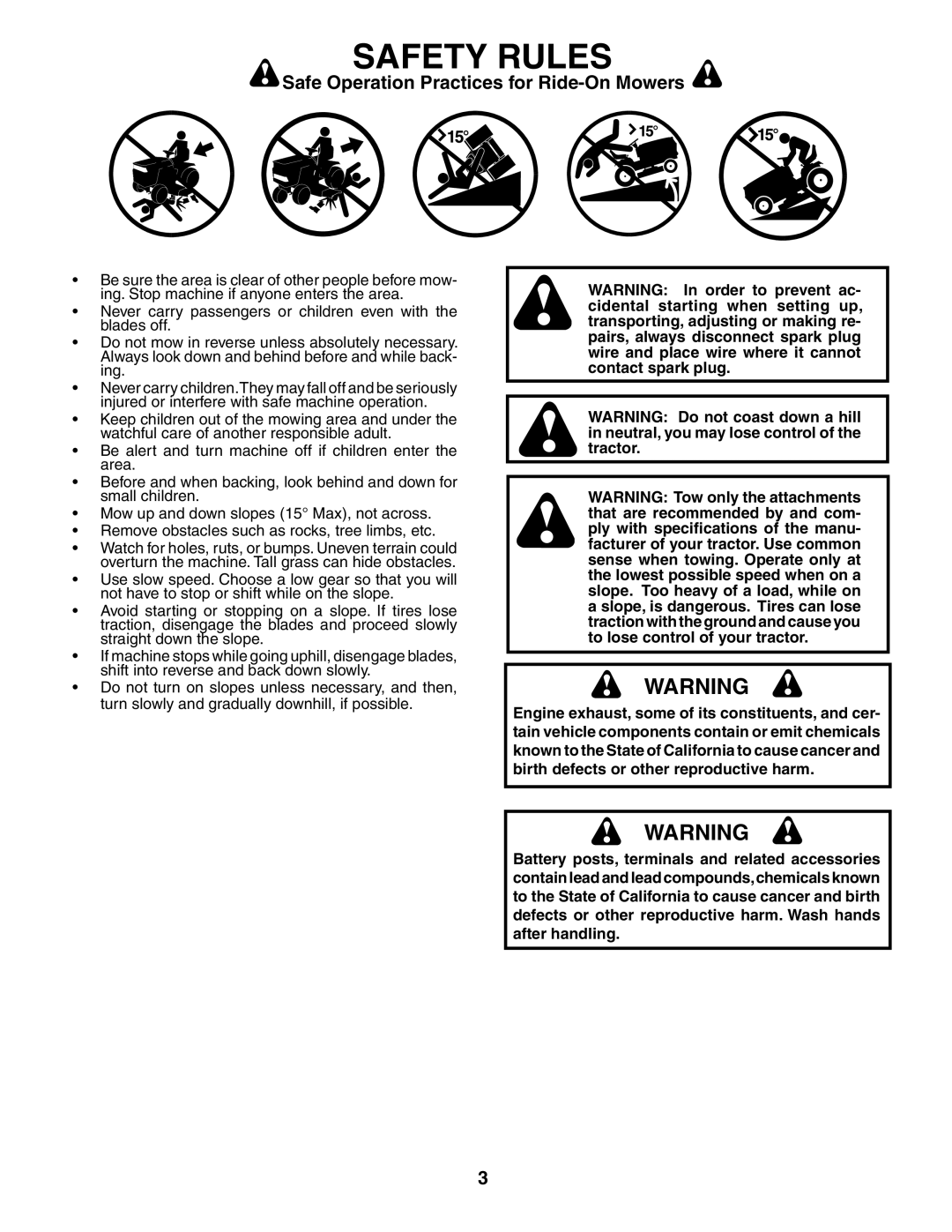 Husqvarna YTH2242 owner manual Safety Rules, Safe Operation Practices for Ride-On Mowers 