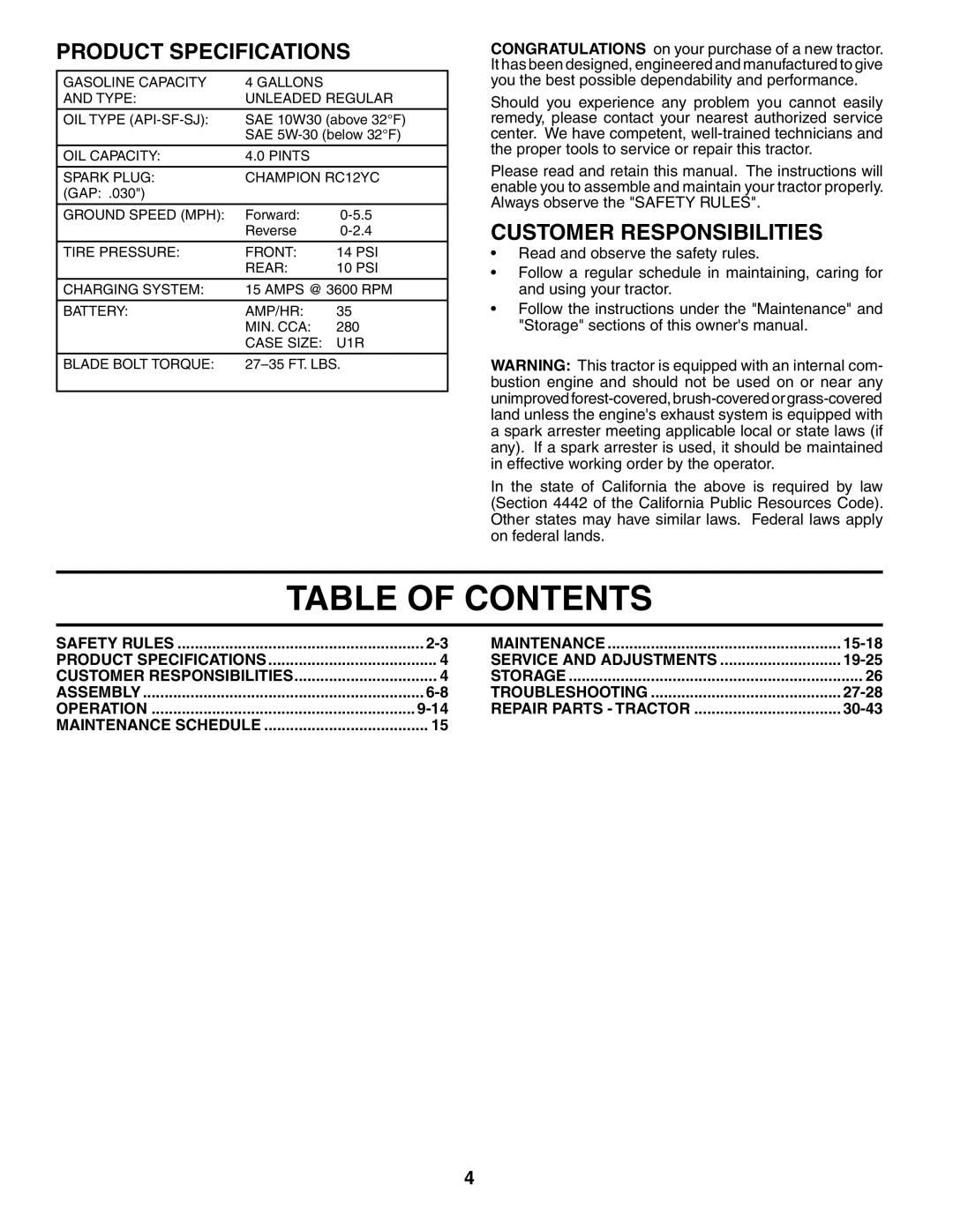 Husqvarna YTH2242 owner manual Table Of Contents, Product Specifications, Customer Responsibilities 