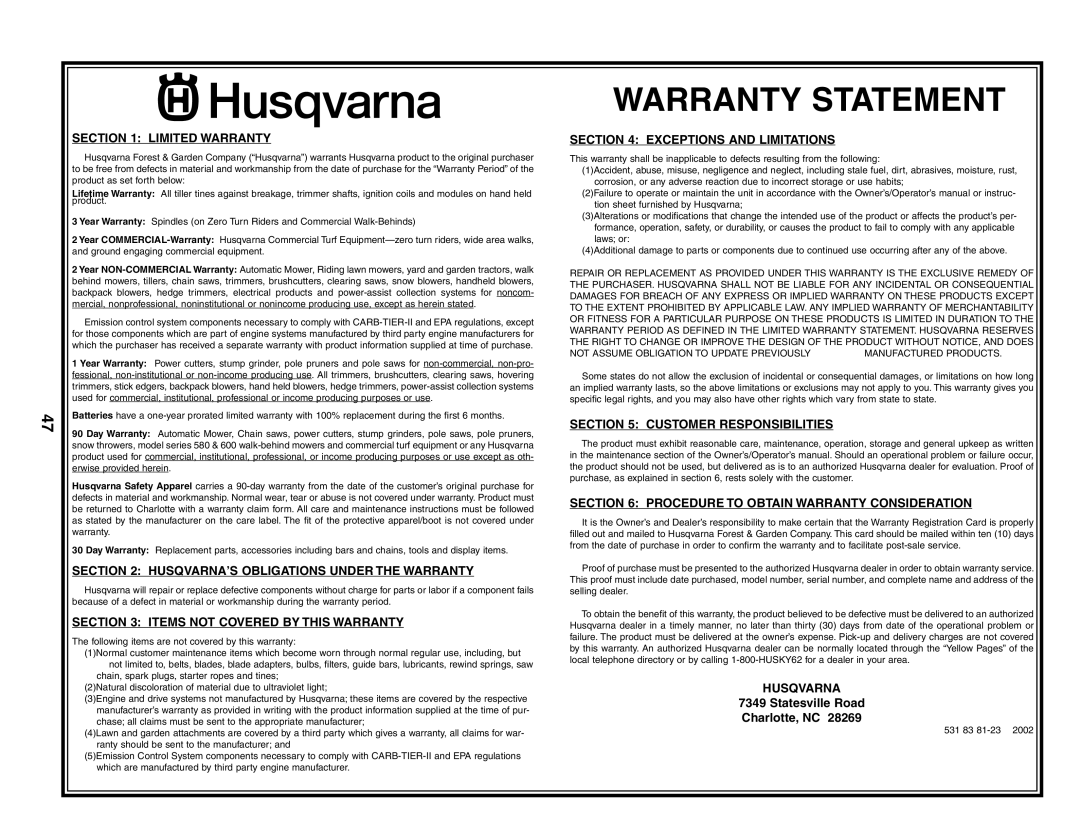 Husqvarna YTH2242 owner manual Warranty Statement, Limited Warranty, Husqvarna’S Obligations Under The Warranty 