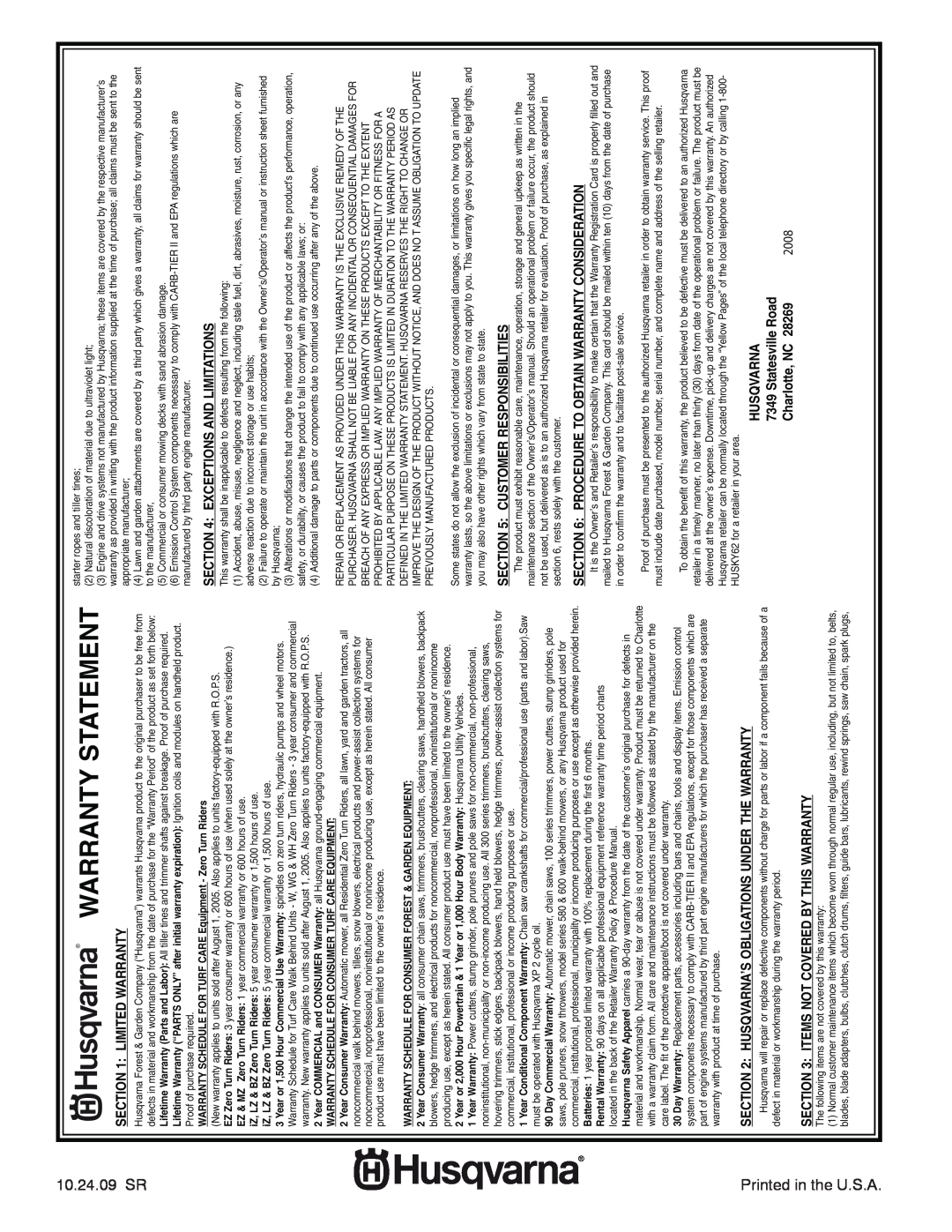 Husqvarna YTH2242 Warranty Statement, SR Printed in the U.S.A, Limited Warranty, Items Not Covered By This Warranty, 2008 