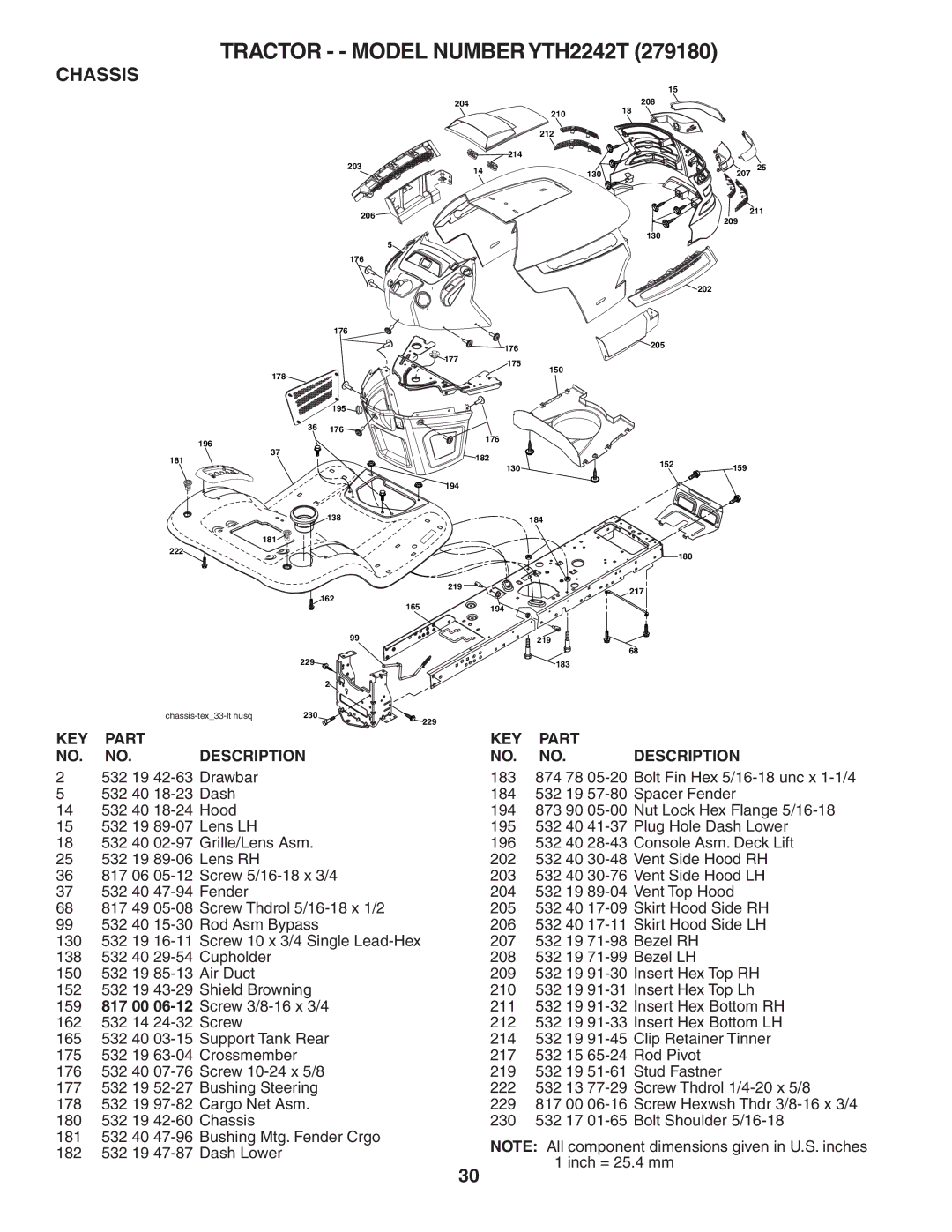 Husqvarna YTH2242T owner manual Chassis, KEY Part NO. no, KEY Part Description 