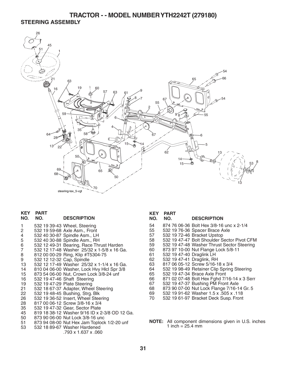 Husqvarna YTH2242T owner manual Steering Assembly 