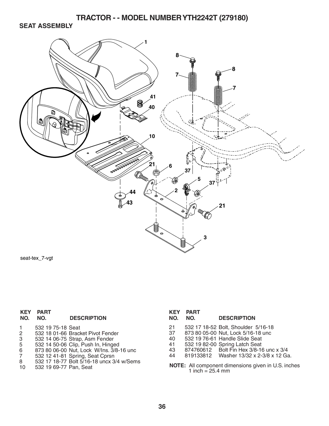 Husqvarna YTH2242T owner manual Seat Assembly 