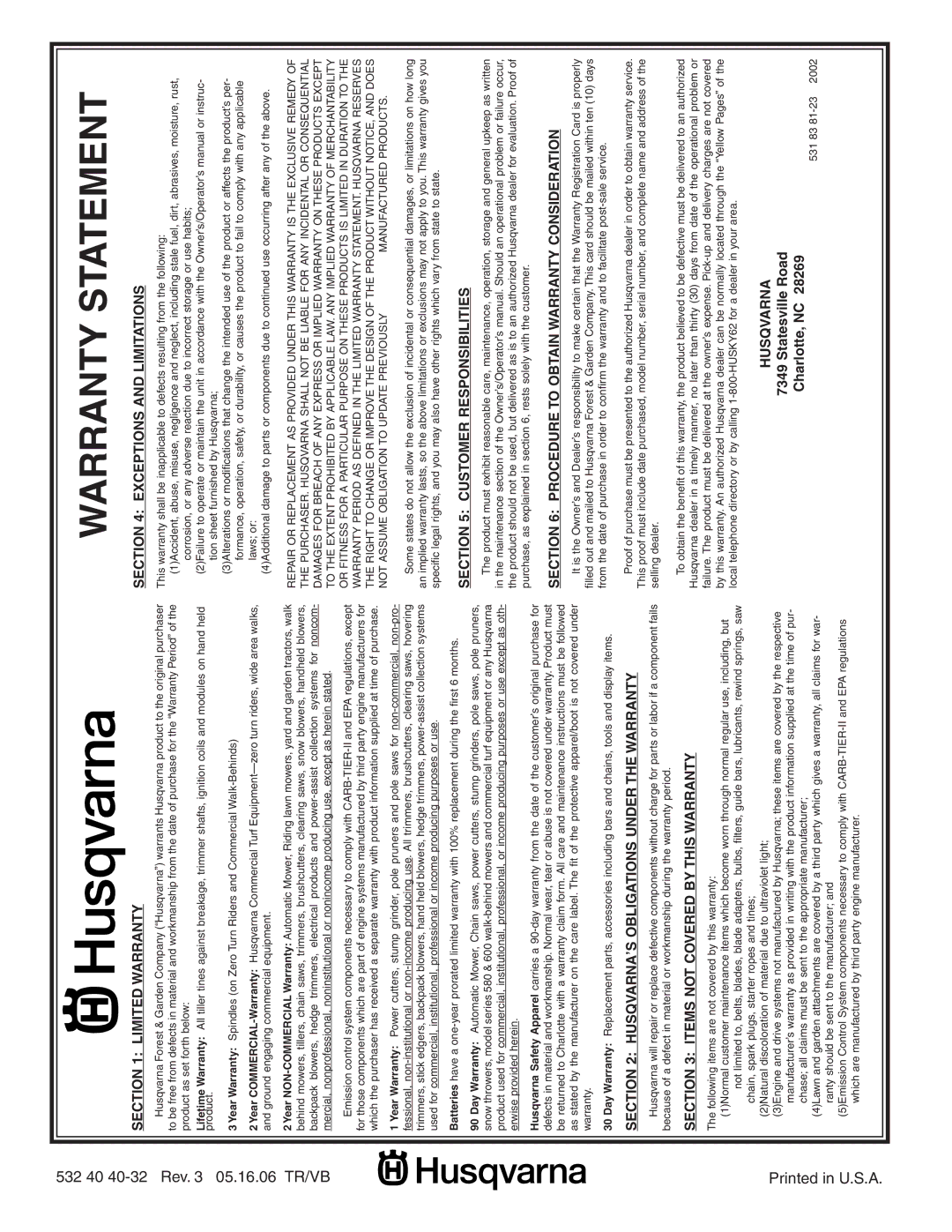 Husqvarna YTH2242T owner manual Warranty Statement 