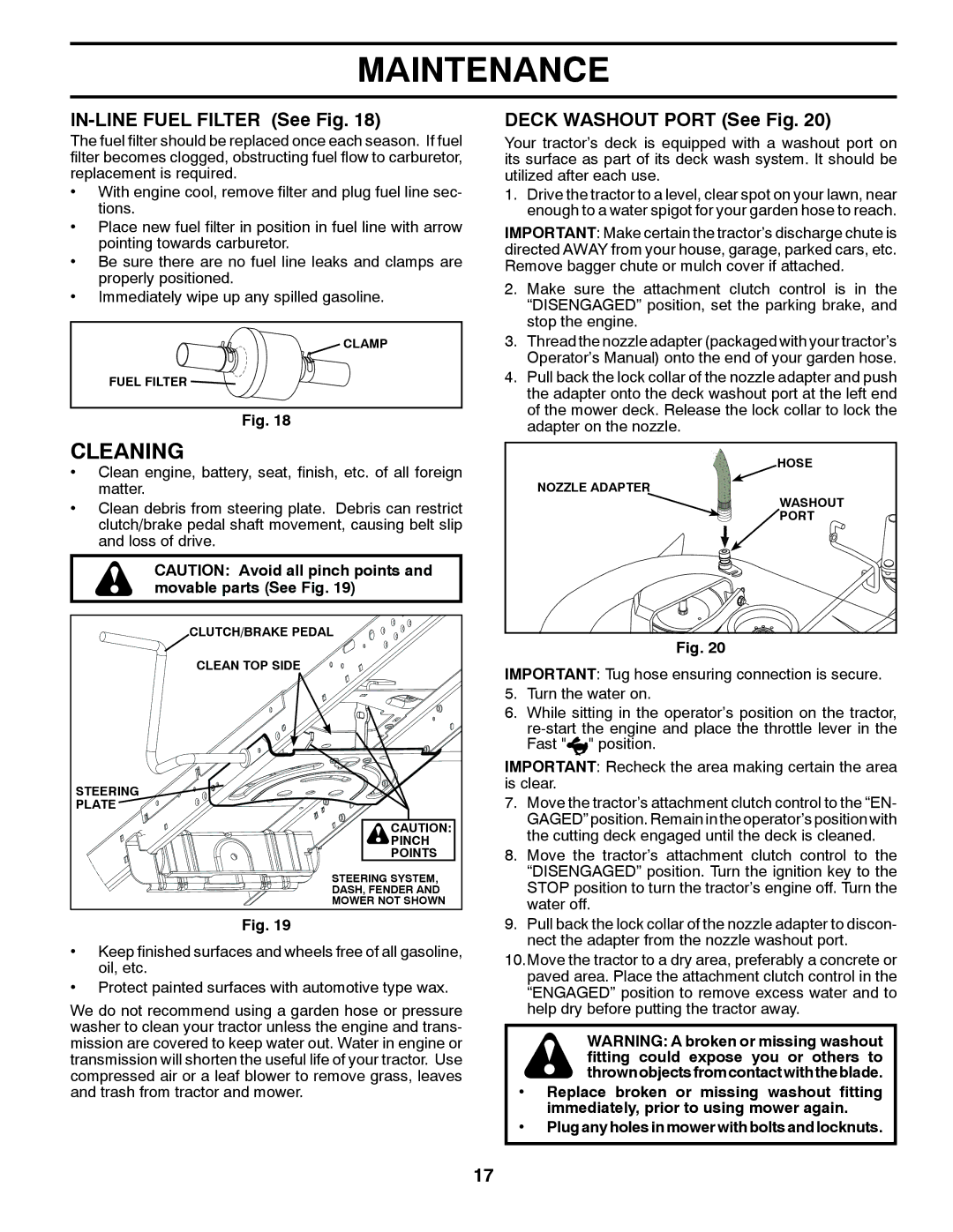 Husqvarna YTH2242TDF owner manual Cleaning, IN-LINE Fuel Filter See Fig, Deck Washout Port See Fig 