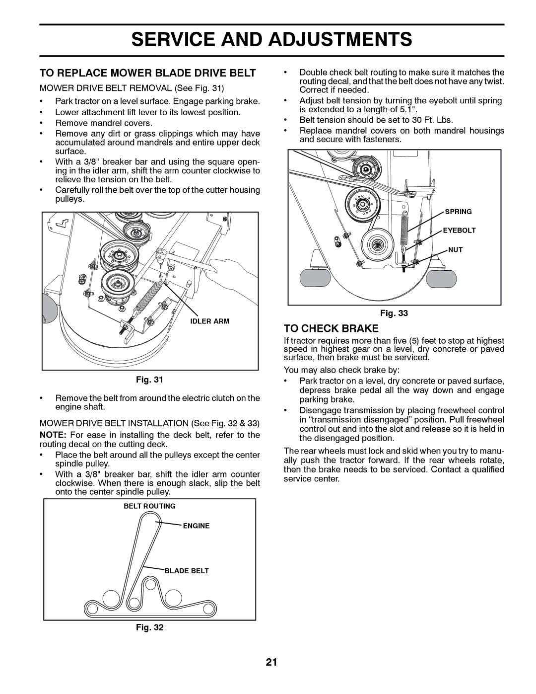 Husqvarna YTH2242TDF owner manual To Replace Mower Blade Drive Belt, To Check Brake 