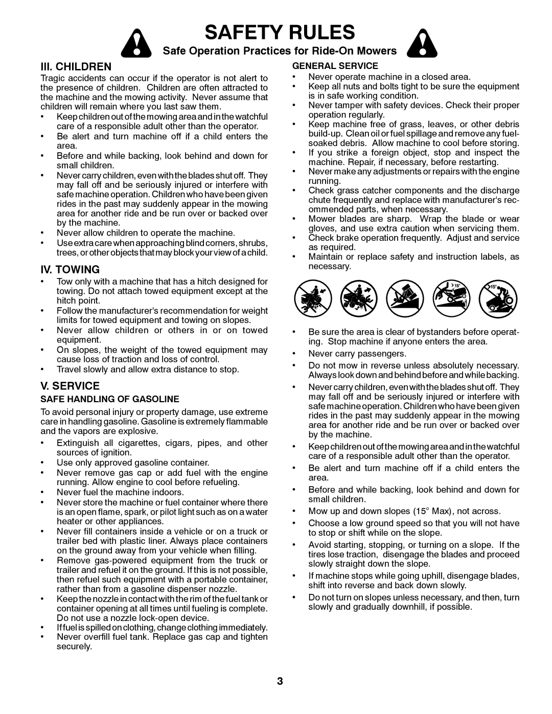 Husqvarna YTH2242TDF owner manual III. Children, IV. Towing, General Service, Safe Handling of Gasoline 