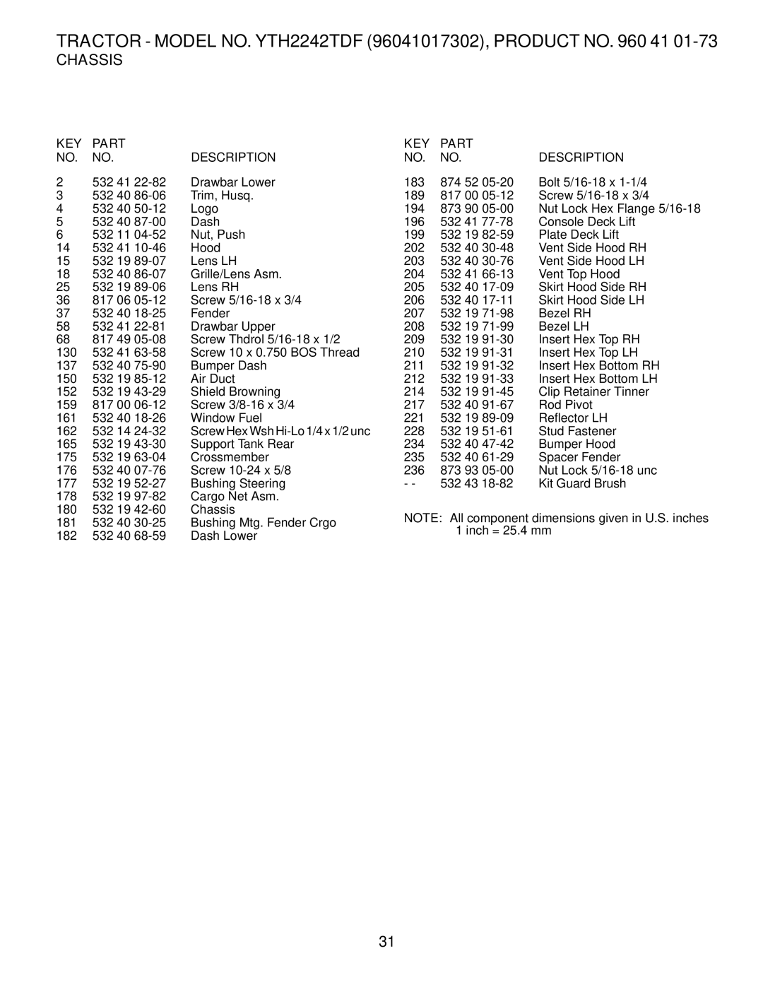 Husqvarna YTH2242TDF owner manual Chassis 