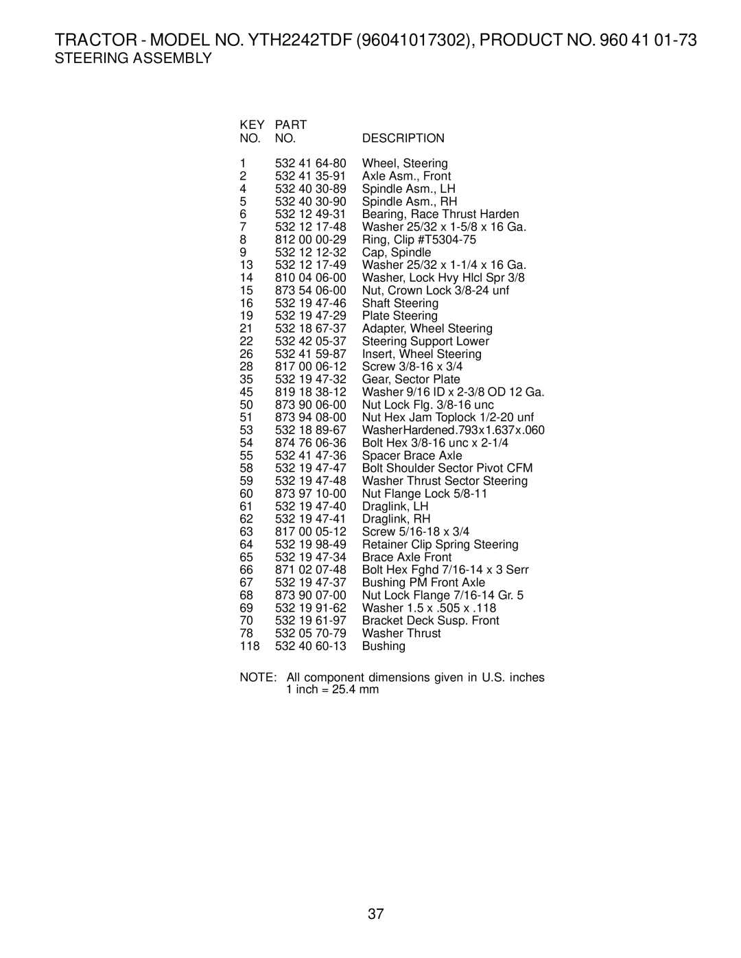 Husqvarna YTH2242TDF owner manual 532 41 Wheel, Steering 