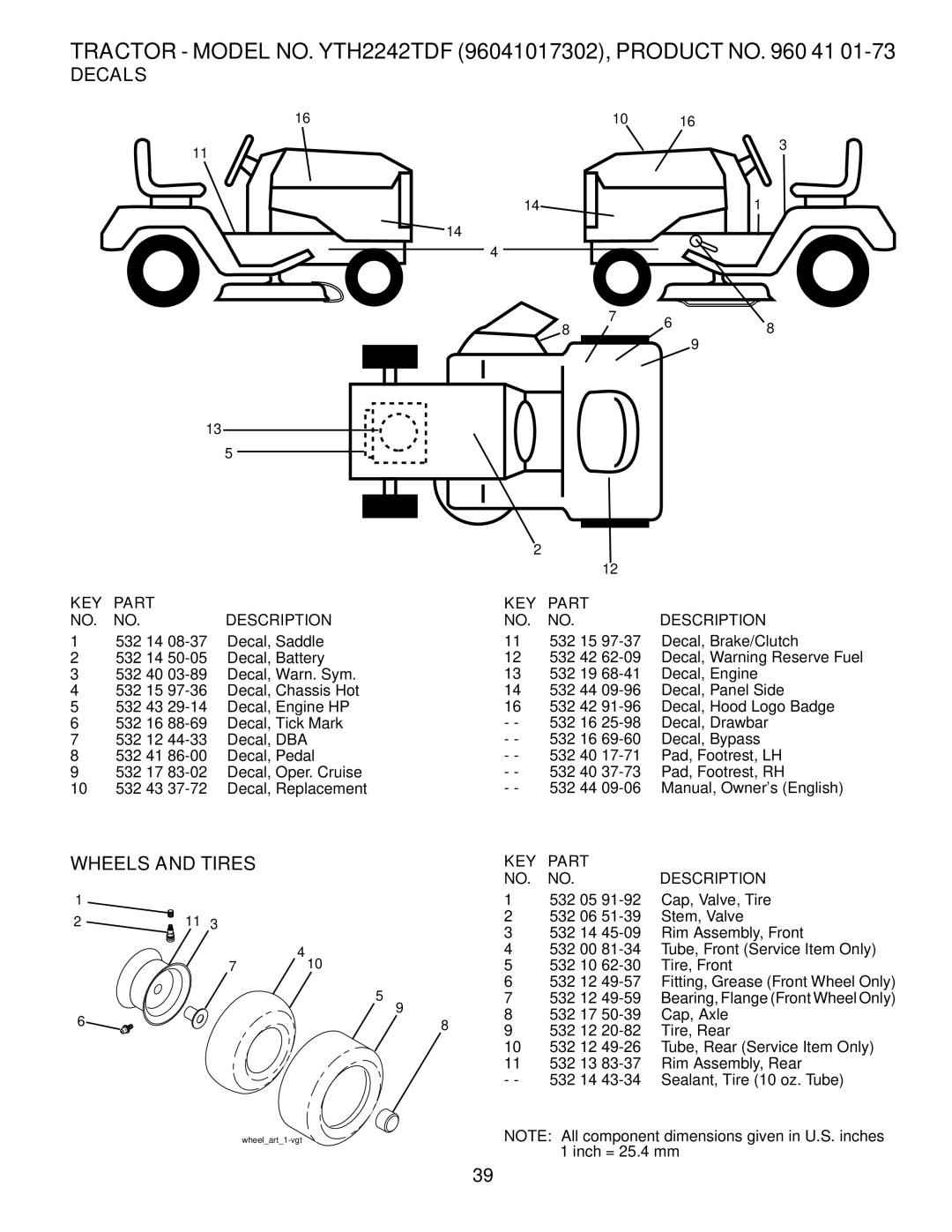 Husqvarna YTH2242TDF owner manual Decals, Wheels and Tires 