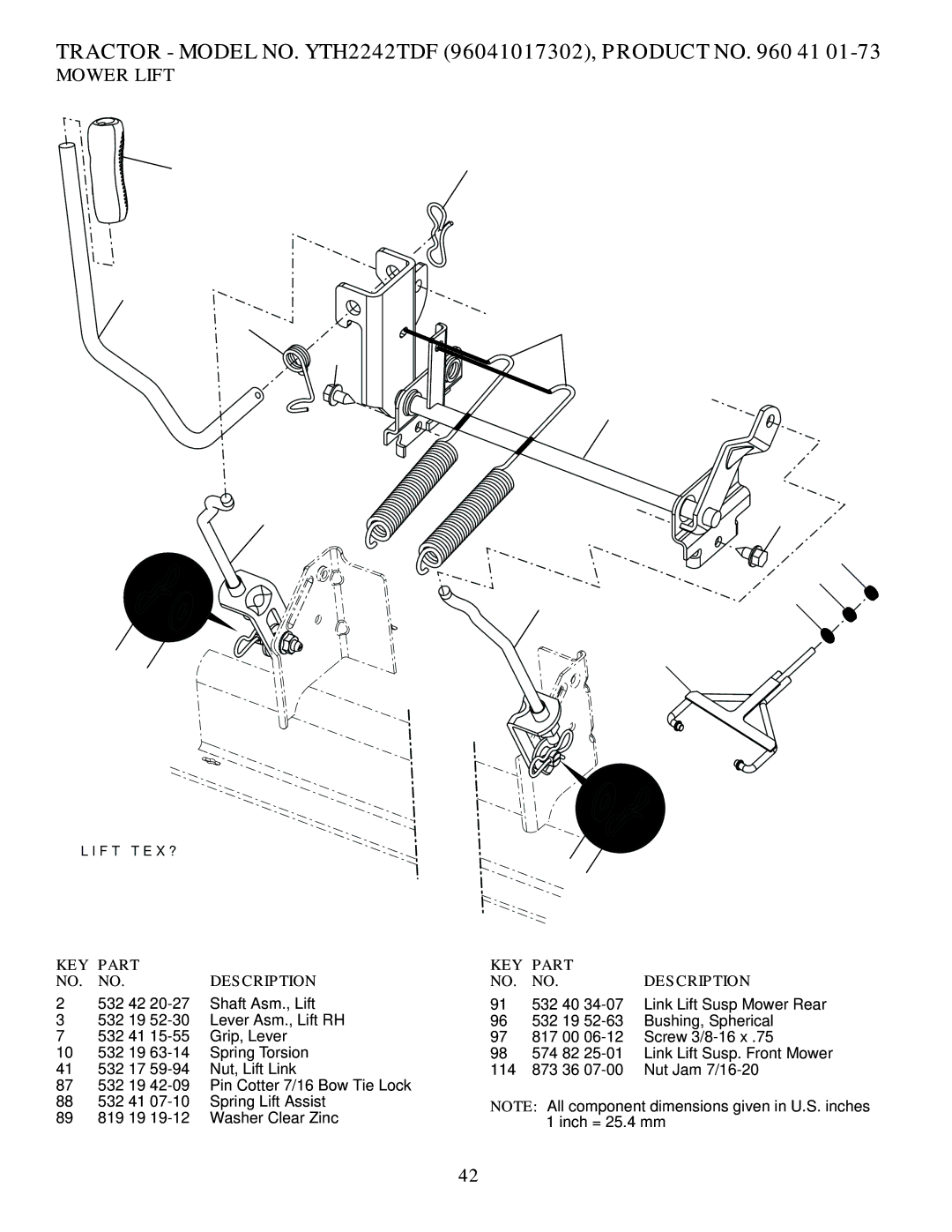 Husqvarna YTH2242TDF owner manual Mower Lift, 532 40 34-07 Link Lift Susp Mower Rear 