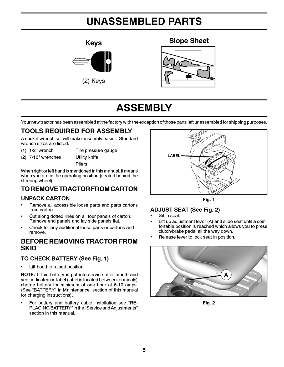 Husqvarna YTH2242TDF owner manual Unassembled Parts, Tools Required for Assembly, Toremovetractorfromcarton 