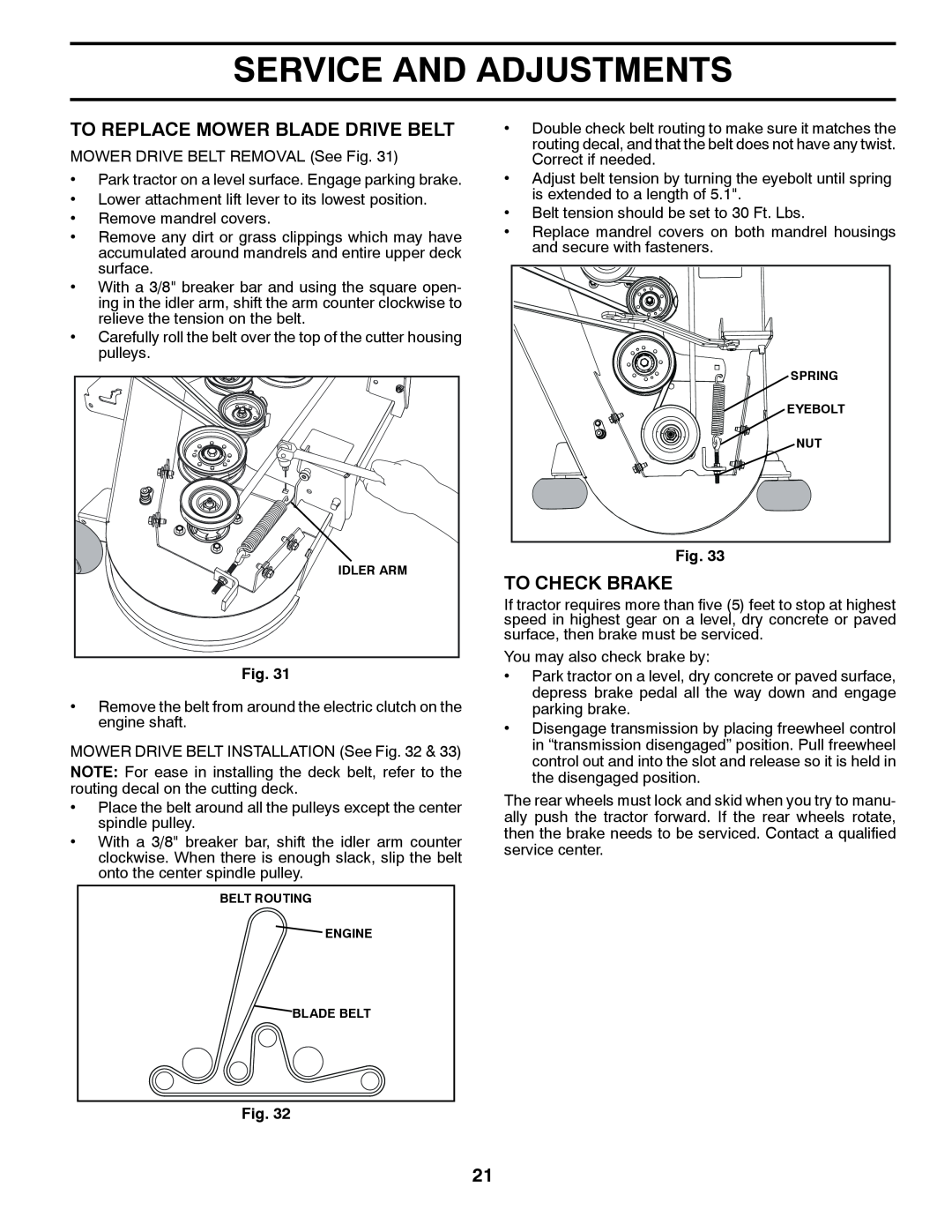 Husqvarna YTH2242TDF owner manual To Replace Mower Blade Drive Belt, To Check Brake, Service And Adjustments 