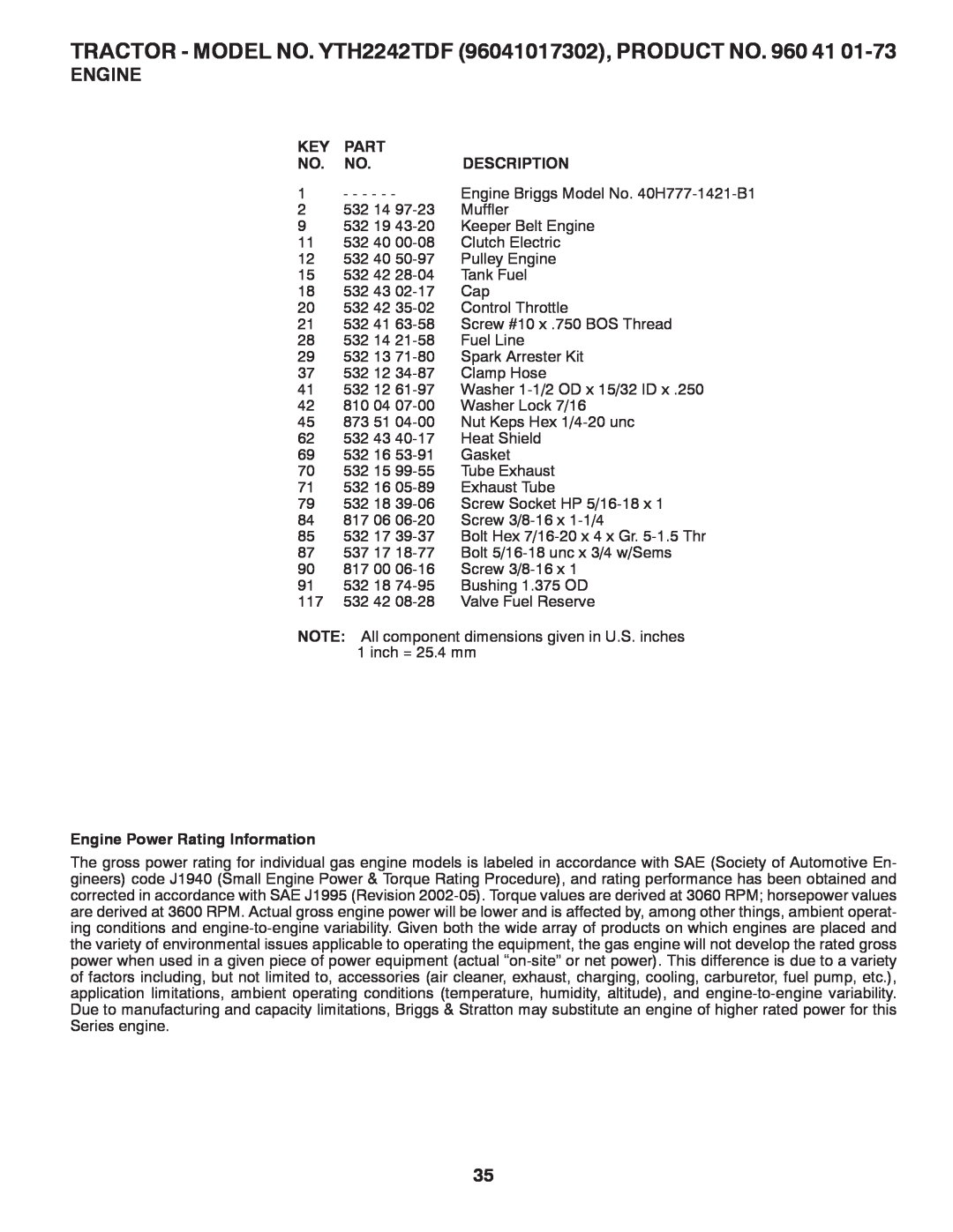 Husqvarna YTH2242TDF owner manual Part, Description, Engine Power Rating Information 