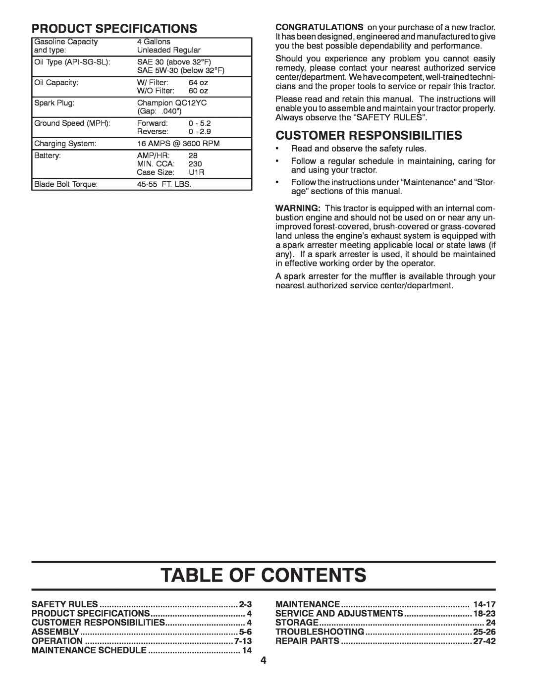 Husqvarna YTH2242TDF owner manual Table Of Contents, Product Specifications, Customer Responsibilities 