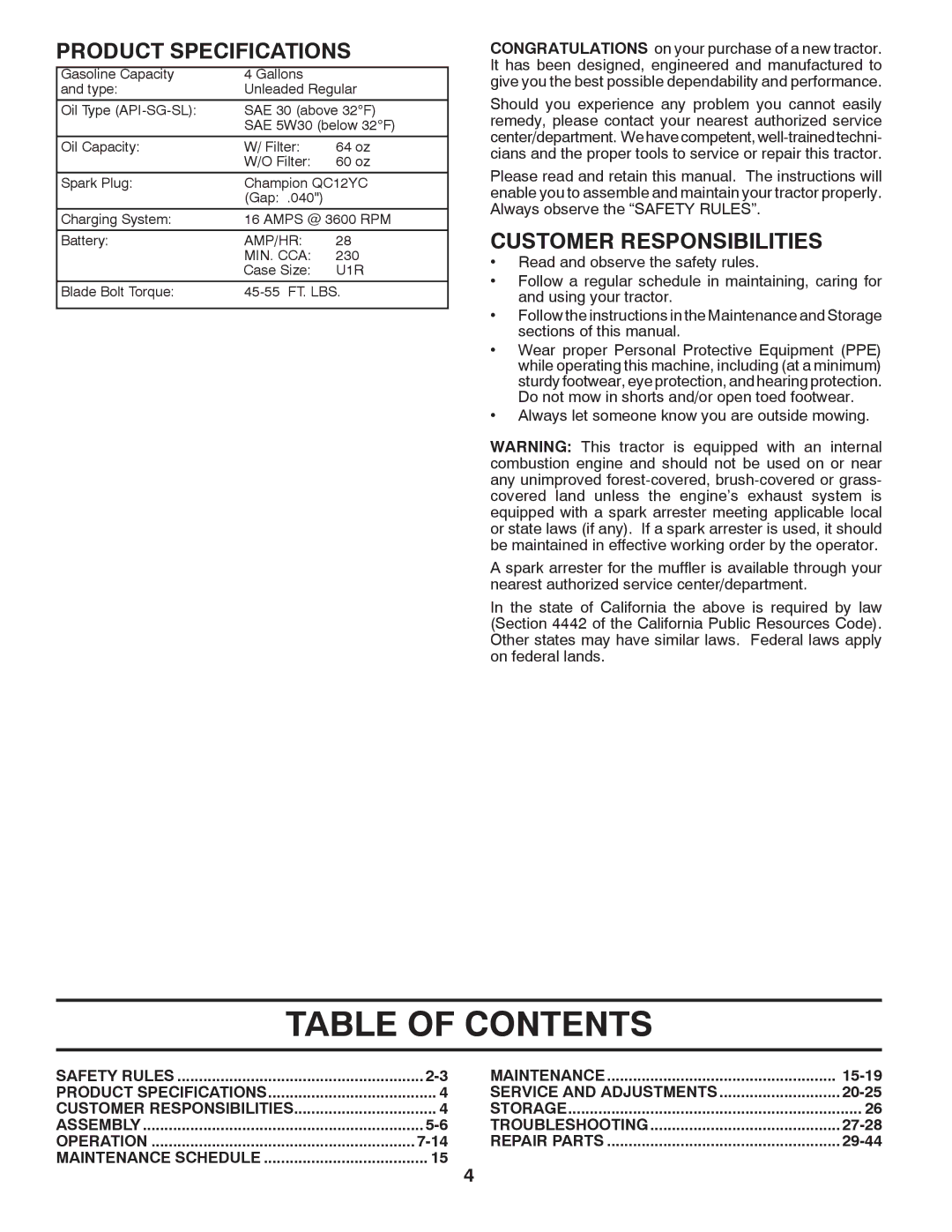 Husqvarna YTH2242TDRF owner manual Table of Contents 