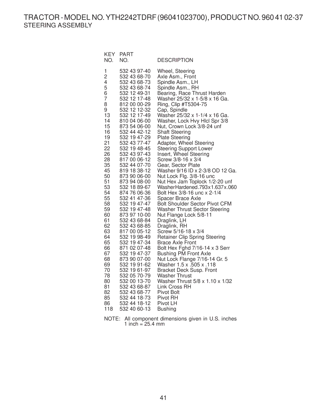 Husqvarna YTH2242TDRF owner manual 532 43 Wheel, Steering 