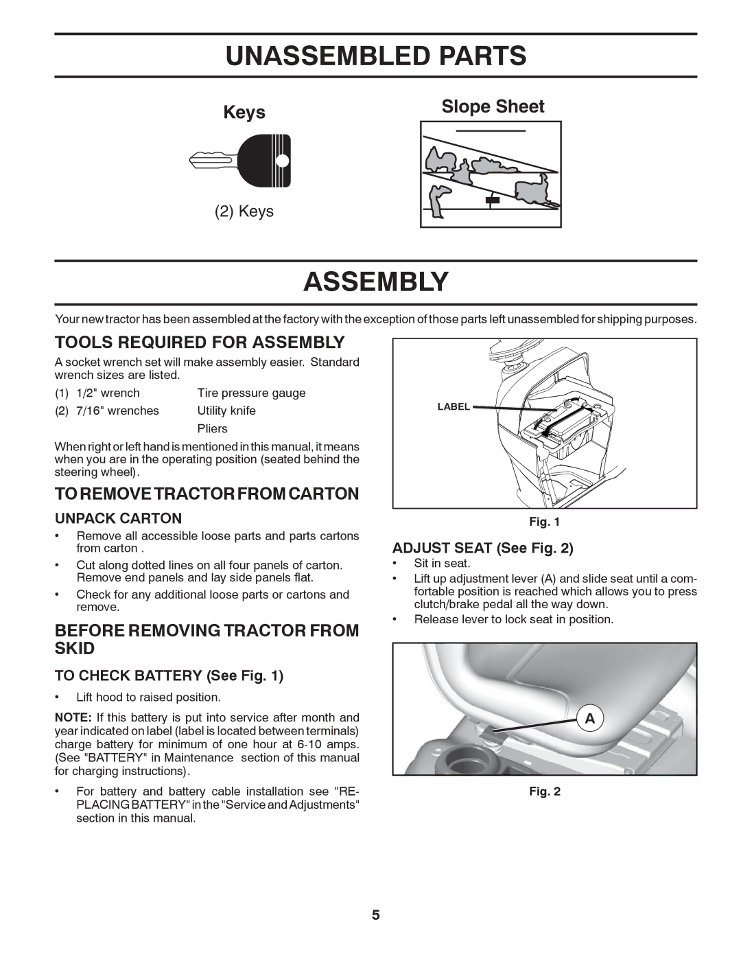 Husqvarna YTH2242TDRF owner manual Unassembled Parts, Tools Required for Assembly, Toremovetractorfromcarton 