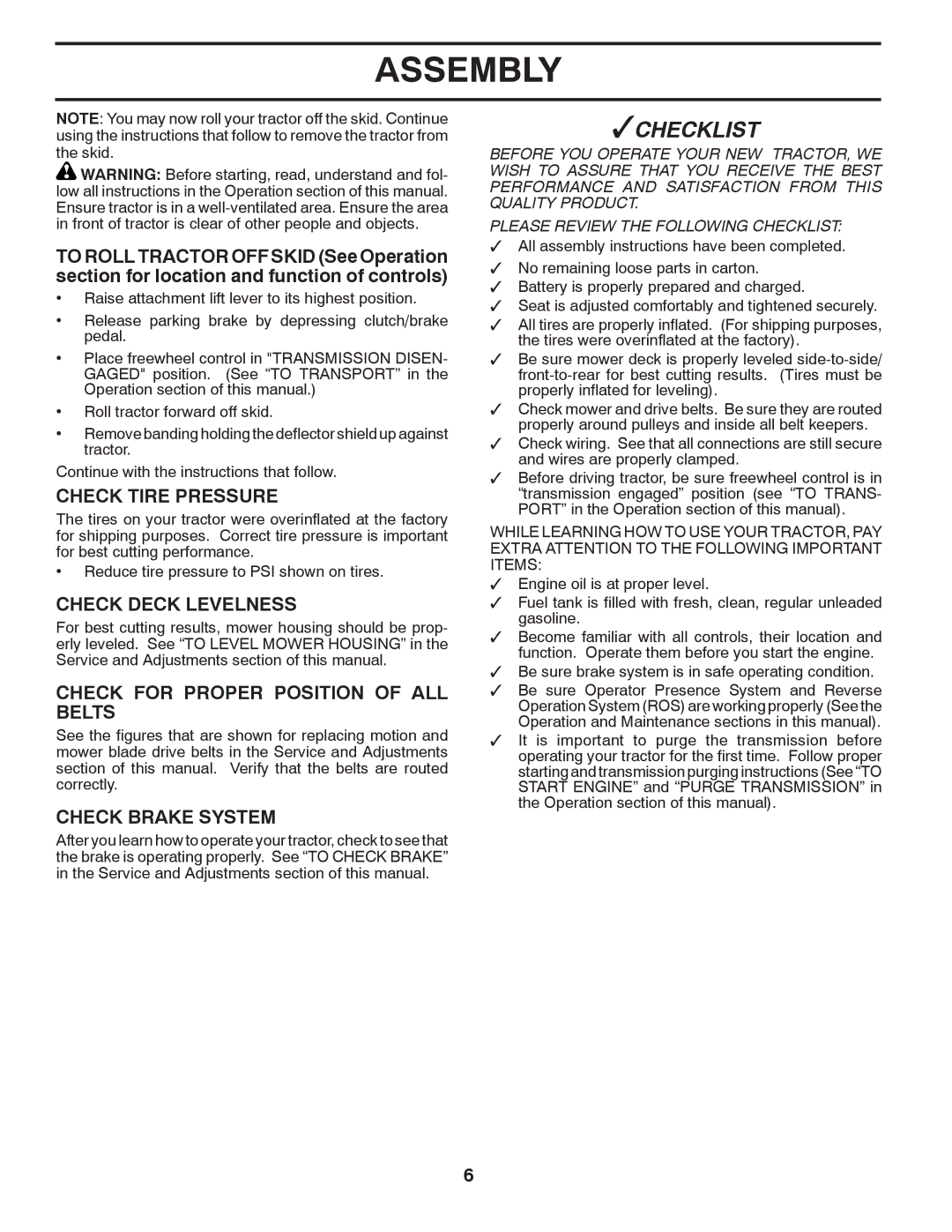 Husqvarna YTH2242TDRF owner manual Check Tire Pressure, Check Deck Levelness, Check for Proper Position of ALL Belts 